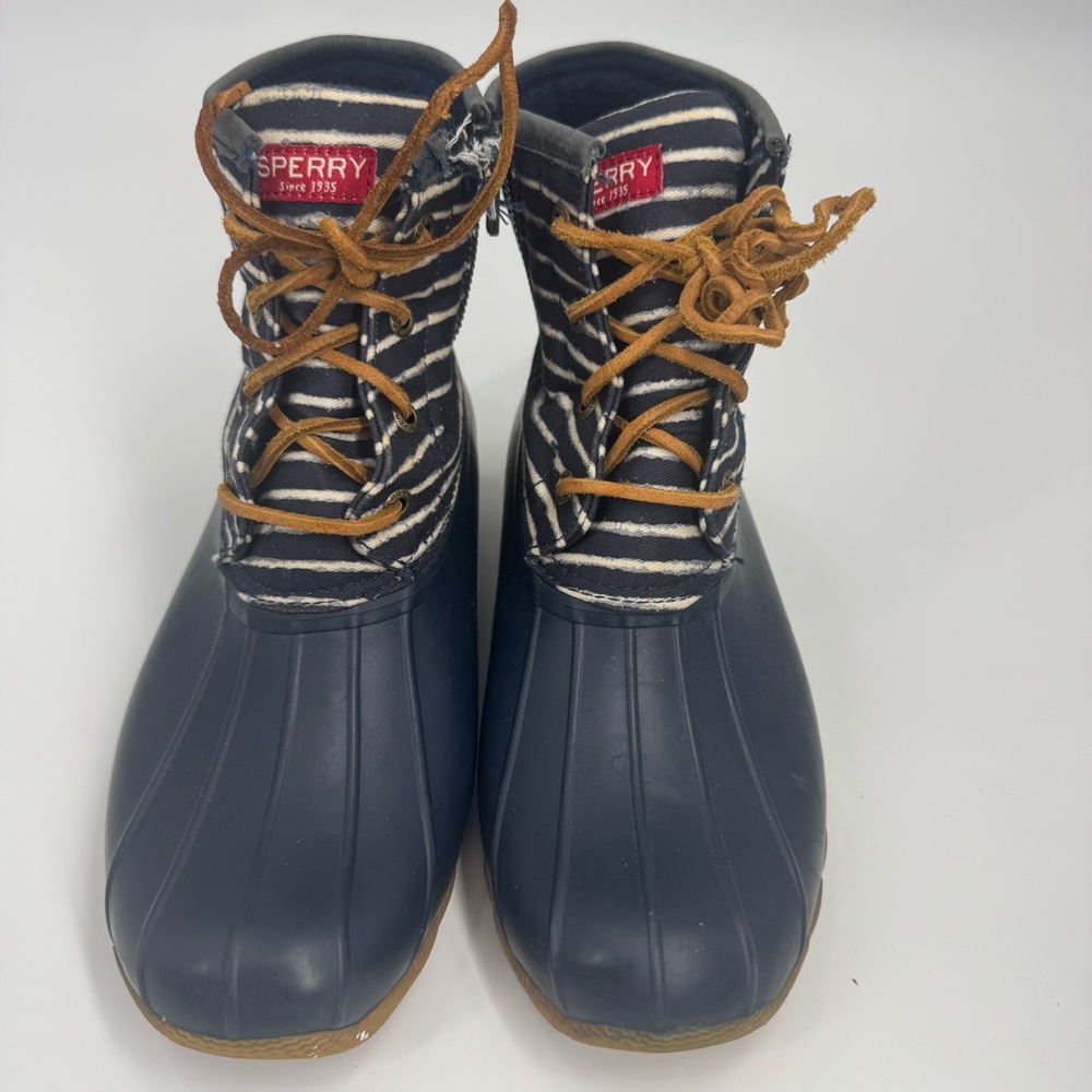Sperry Saltwater Duck Boots Women’s Size 8 Navy Rubber Stripe Canvas Waterproof